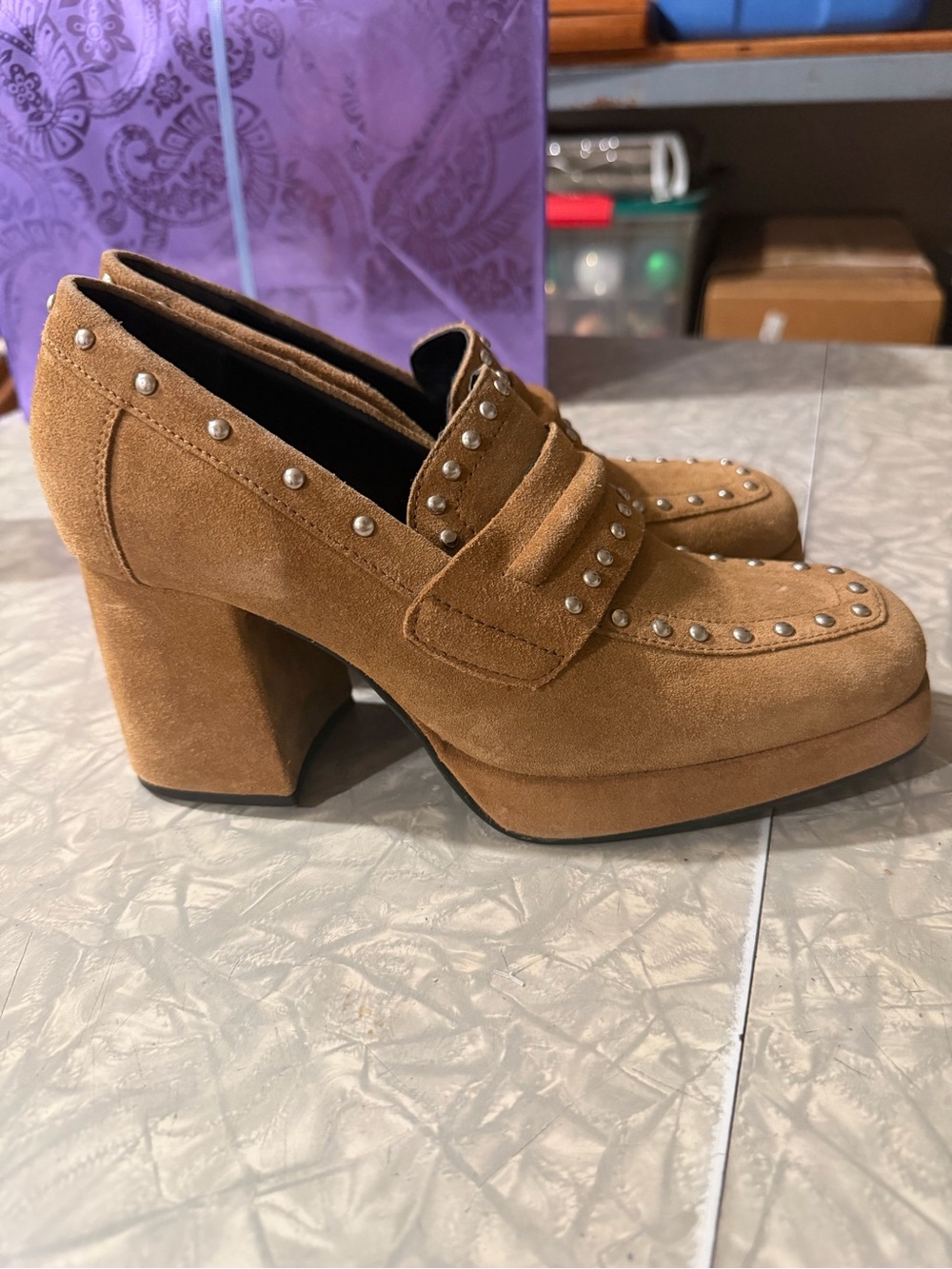 Song Bird Studded Suede Platform Loafers - Tan